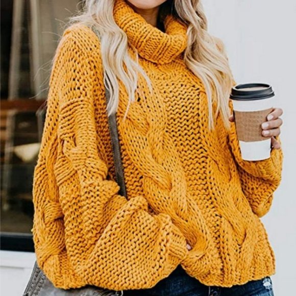 MODA ME COUTURE Sweaters - Womens Turtleneck High Neck Balloon Long Sleeve Sweaters Winter Fall yellow